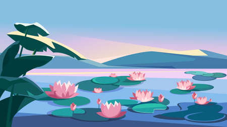 Landscape with lotuses and mountains. Beautiful natural scenery.のイラスト素材