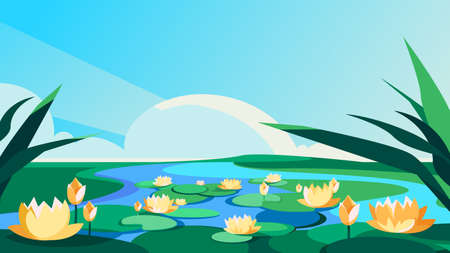 Blooming lotuses on the river. Beautiful natural scenery.のイラスト素材