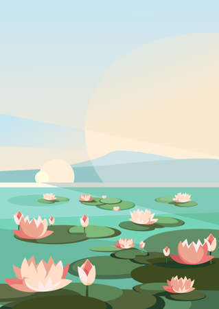 Landscape with lotuses on the river. Natural scenery in vertical orientation.のイラスト素材