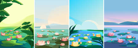 Collection of landscapes with blooming lotuses. Beautiful natural sceneries.のイラスト素材