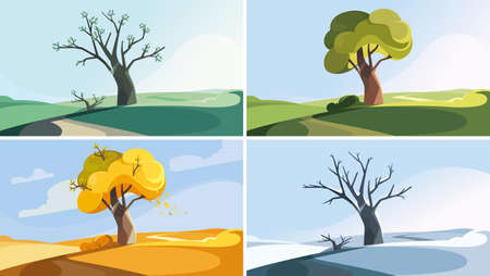Tree on the hill in different seasons. Collection of nature landscapes.のイラスト素材