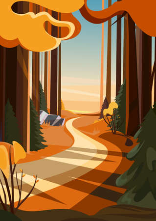 Road in autumn forest at sunset. Nature landscape in vertical orientation.のイラスト素材