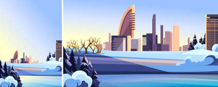 City in winter season. Landscape with modern buildings in different formats.のイラスト素材