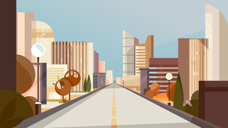 City road in autumn season. Cityscape in flat style.のイラスト素材