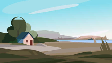 Spring landscape with house on the river bank. Beautiful natural scenery.のイラスト素材