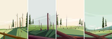 Set of landscapes with felled trees. Dead nature sceneries in portrait format.のイラスト素材