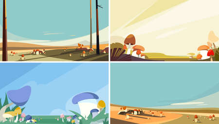 Set of mushroom meadows. Beautiful nature landscapes.のイラスト素材