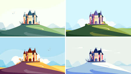 Castle on the hill at different times of the year. Beautiful nature landscapes.のイラスト素材