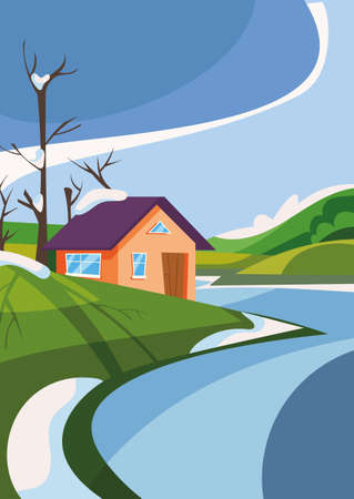 House on the lake in spring season. Nature landscape in portrait format.のイラスト素材