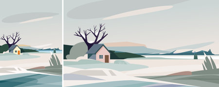 Winter landscape with house on the river bank. Natural scenery in different formats.のイラスト素材