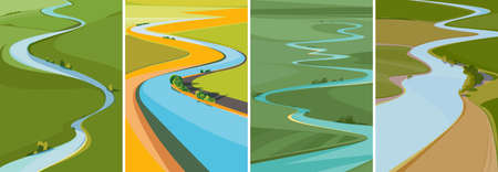 Set of landscapes with river view from above. Natural sceneries in vertical format.のイラスト素材