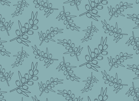 Seamless pattern with sea buckthorn. Texture with berries in outline style.のイラスト素材