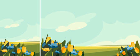 Blue and yellow flowers on the meadow. Nature landscape in different formats.のイラスト素材