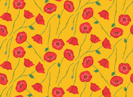 Seamless pattern with poppies. Texture with wildflowers in cartoon style.のイラスト素材