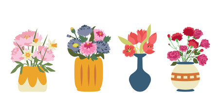 Set of vases with garden flowers. Home decor elements.のイラスト素材
