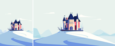 Castle on the hill in winter season. Landscape with medieval building in different formats.のイラスト素材