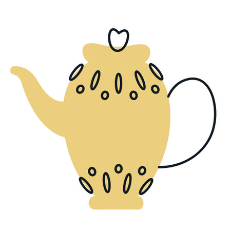 Yellow teapot with patterns. Beautiful kitchen utensil in doodle style.のイラスト素材