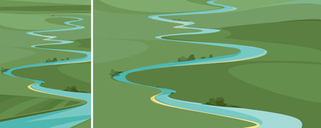 Landscape with river view from above. Natural scenery in different formats.のイラスト素材