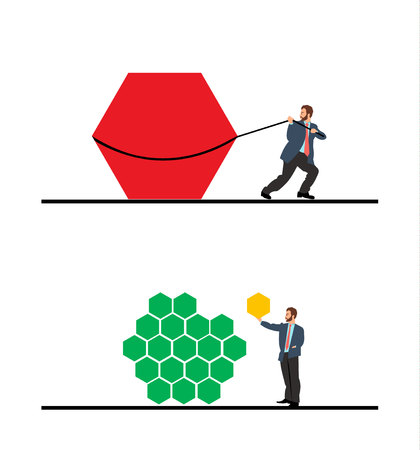 Cartoon vector illustration showing a young businessman pulling a hexagon shape, and the other building a block from shapes as a solutionのイラスト素材