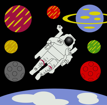 Astronaut floating through space, above Earth and with many planets in the background cartoon illustrationのイラスト素材