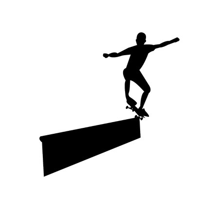 Guy on a skateboard grinding black silhouette isolated on white backgroundの写真素材