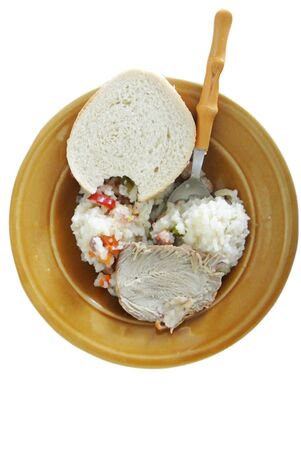 rice and meat dish on whiteの写真素材