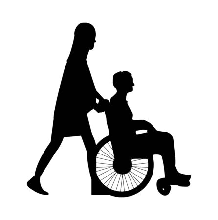 woman pushing a man in wheelchair silhouette on whiteのイラスト素材