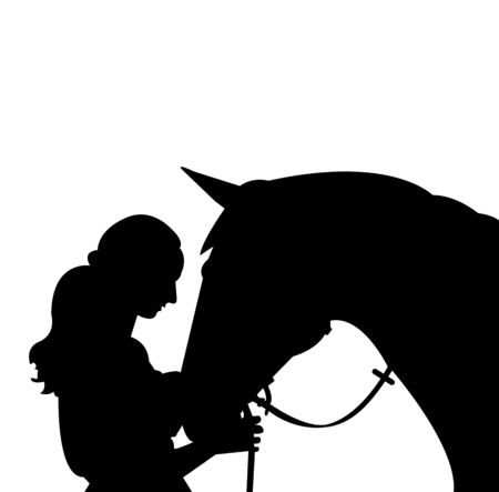 black silhouette of a woman with a horse isolatedのイラスト素材