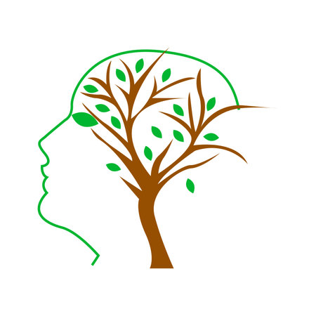 Human head silhouette with tree. Concept of mind and mental health. Vector illustration.のイラスト素材