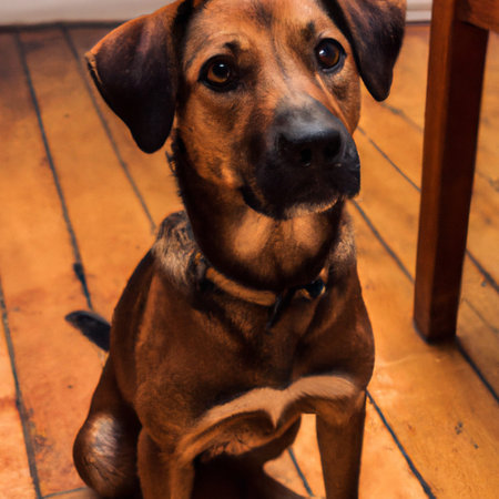 Portrait of a dog on a wooden floor. Selective focus.の写真素材