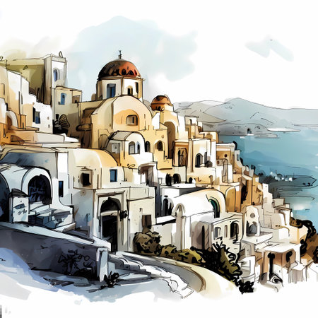 Sketch of the city of Oia, Santorini, Greeceの写真素材