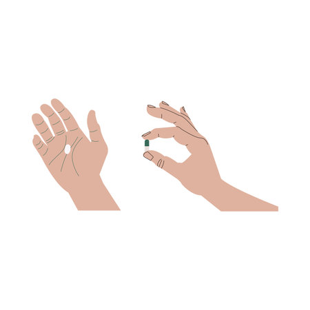 hands holding pills on whiteのイラスト素材
