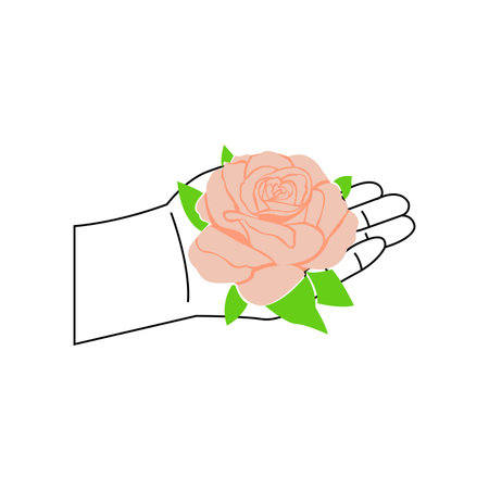 Hand with rose flower isolated on a white background. Vector illustration.のイラスト素材