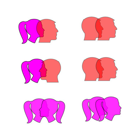 Vector set of silhouettes of male and female heads with different hairstylesのイラスト素材