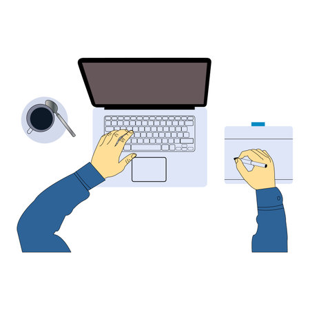 Hands working on a laptop. Vector illustration in flat style.のイラスト素材
