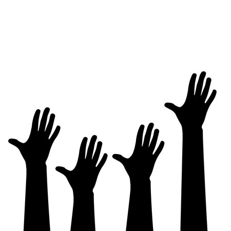 Hands of different races raised up in the air. Black and white vector illustration.のイラスト素材