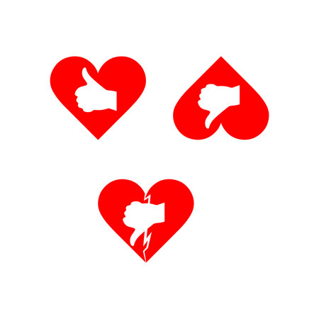 Set of red heart icons with thumb up and thumb down. Vector illustrationのイラスト素材