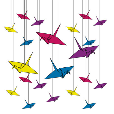 Colorful origami birds hanging on a rope. Vector illustration.のイラスト素材