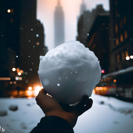 Snowball in hand on the background of the New York City skylineの素材
