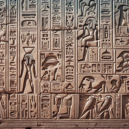 Ancient egyptian hieroglyphs on the wall of the templeの素材