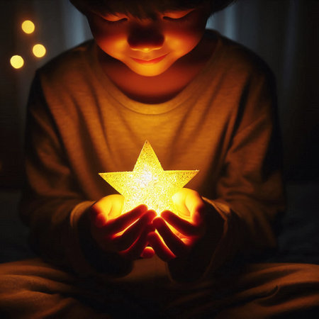 Child holding a glowing star in his hands. Selective focus.の素材