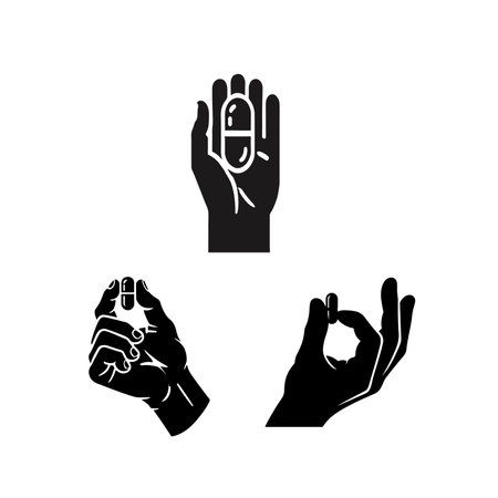 Hands with pills. Black icons on white background. Vector illustration.のイラスト素材