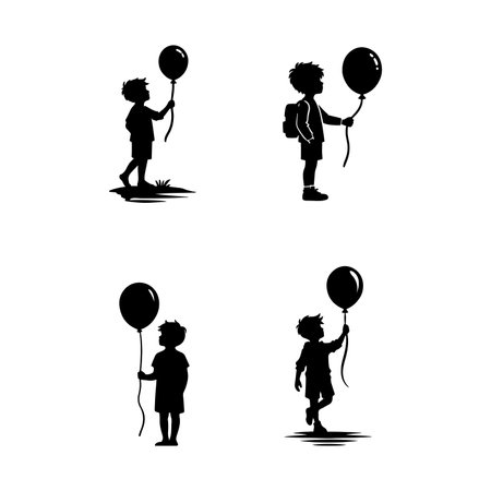 set of black silhouettes of children with balloons on a white backgroundのイラスト素材