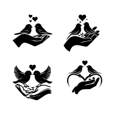 Set of love birds in hands. Black and white vector illustration.のイラスト素材
