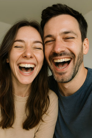 Portrait of a happy young couple laughing and smiling at the cameraの素材