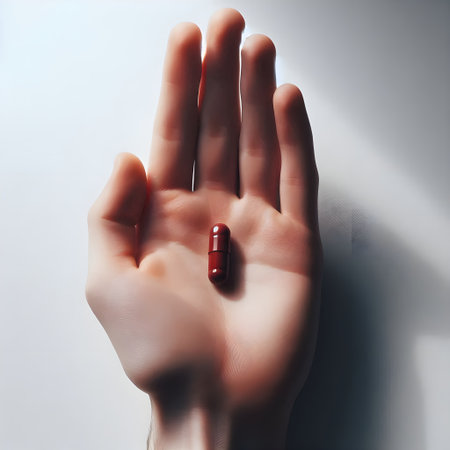 Female hand with a red pill on a white background, close-up.の素材