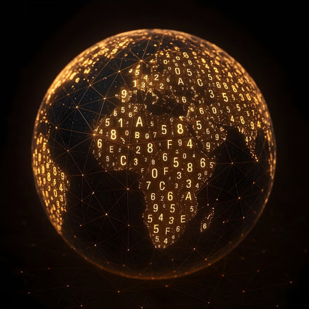 Abstract digital binary code globe on black background. 3D Renderingの素材