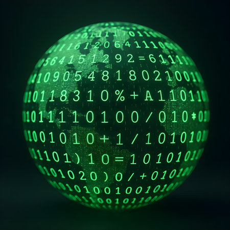 Abstract green binary code sphere on dark background. 3D Renderingの素材