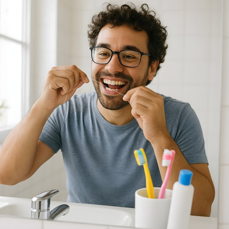 Cheerful young man brushing his teeth in the bathroom at homeの素材