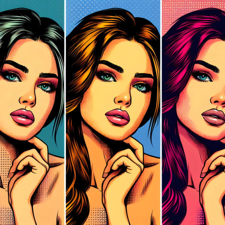 Beautiful woman face in pop art comic style. Vector illustration.の素材